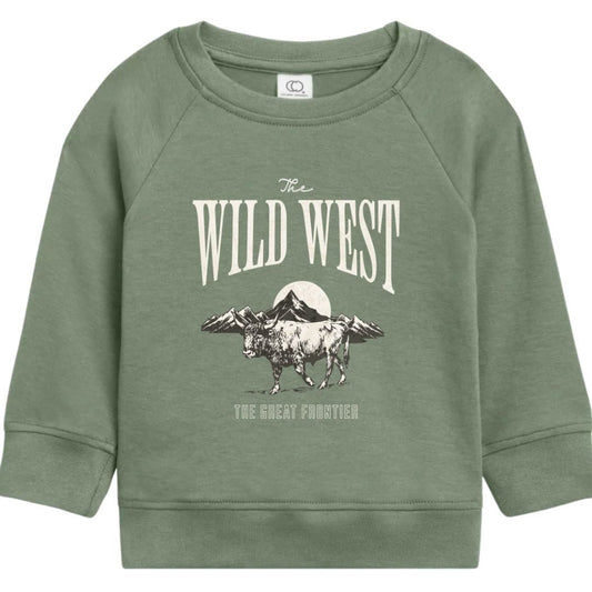 Green sweatshirt with 'The Wild West' graphic on a white background