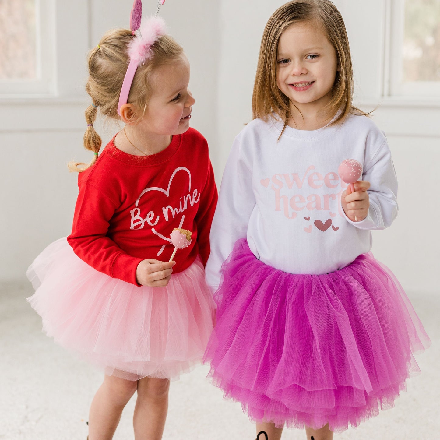 Be Mine Valentines Day Sweatshirt Paired with Our Popular Light Pink Tutu for Toddlers and Kids