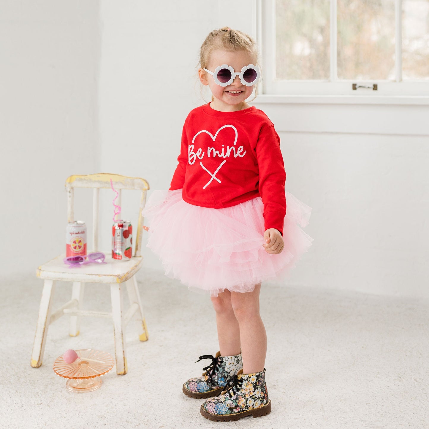 Be Mine Valentines Day Sweatshirt Paired with Our Popular Light Pink Tutu for Toddlers and Kids