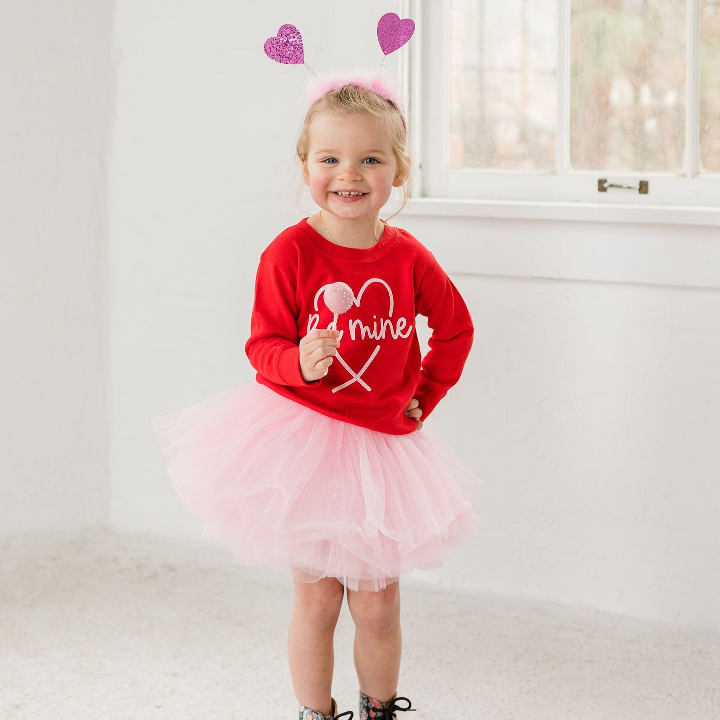 Be Mine Valentines Day Sweatshirt Paired with Our Popular Light Pink Tutu for Toddlers and Kids