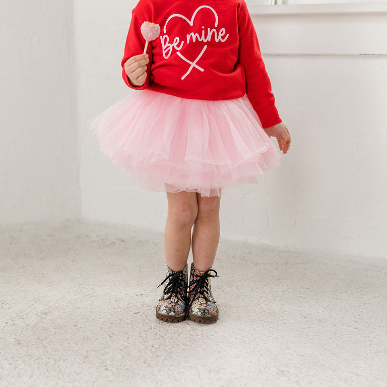 Valentines Be Mine Outfit, Poppin Pink tutu with Red crew neck sweatshirt with Pink Be Mine Heart