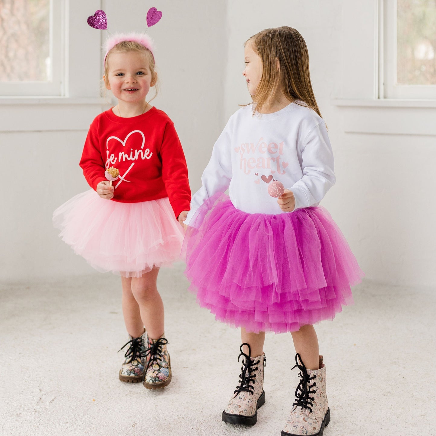 Be Mine Valentines Day Sweatshirt Paired with Our Popular Light Pink Tutu for Toddlers and Kids