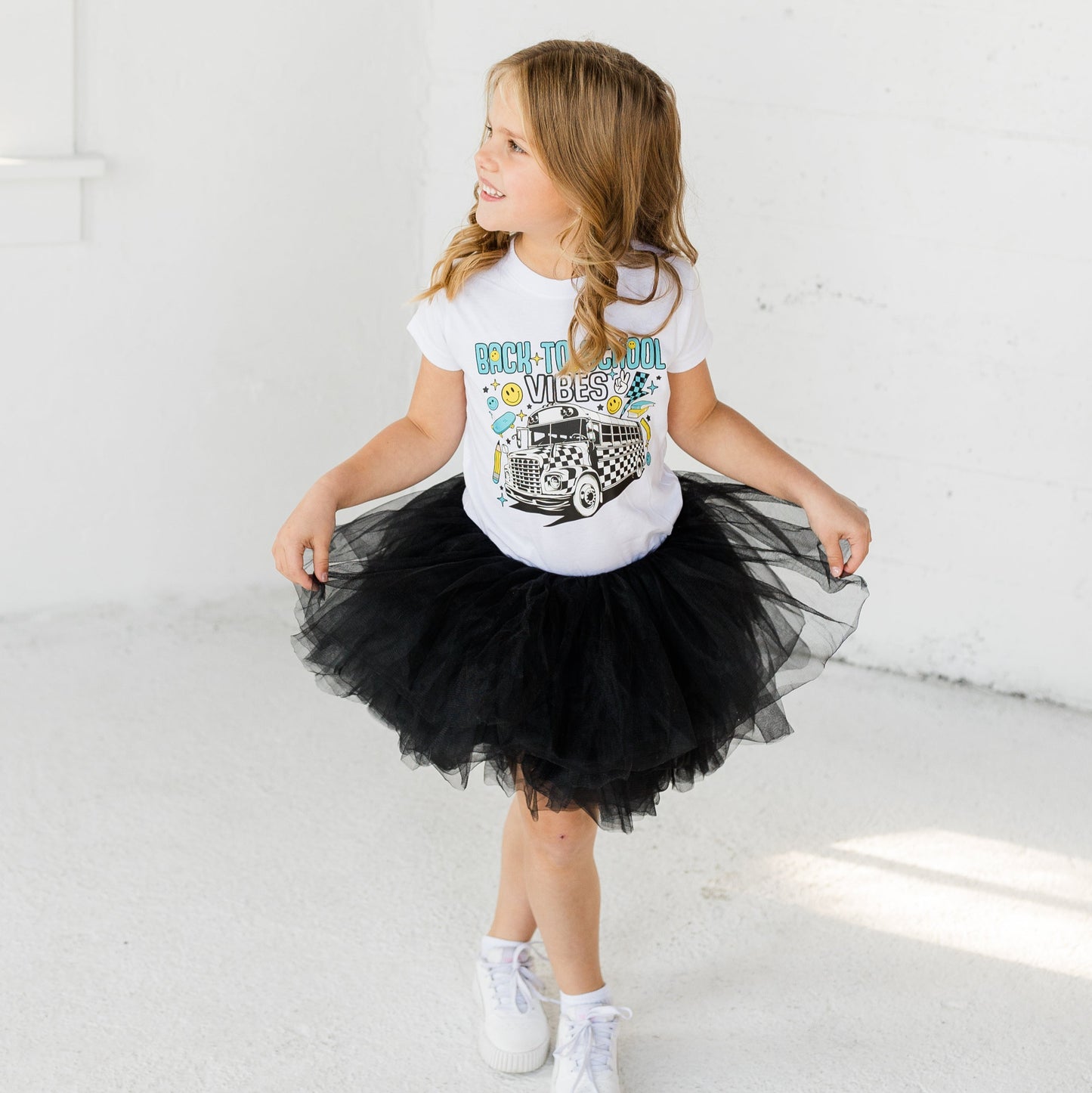 Back to School Vibes Tutu Outfit – Black Tulle Skirt & Graphic Tee Set (Sizes 2T–9Y)