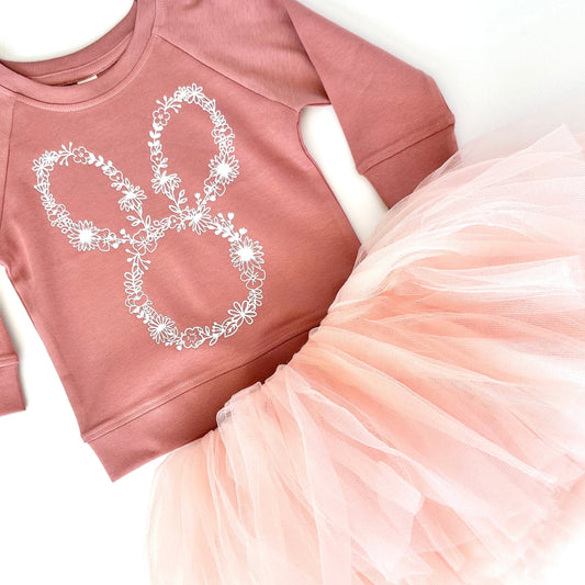 Our Dusty Mauve Organic cotton lightweight long sleeve sweatshirt with a floral bunny pairs perfect with our blush peach pink tutu. Wear together as a set or seperate for multiple options! This outfit is perfect for a spring day, Easter Sunday, or that special occasion you want your toddler or little girl to look her best!