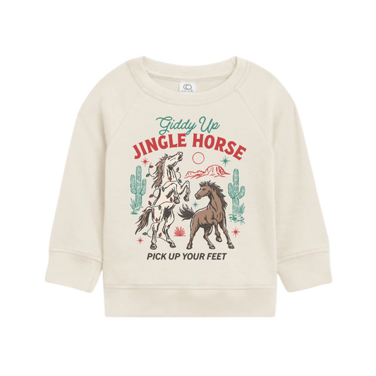 Beige sweatshirt with horse graphic and text on a white background