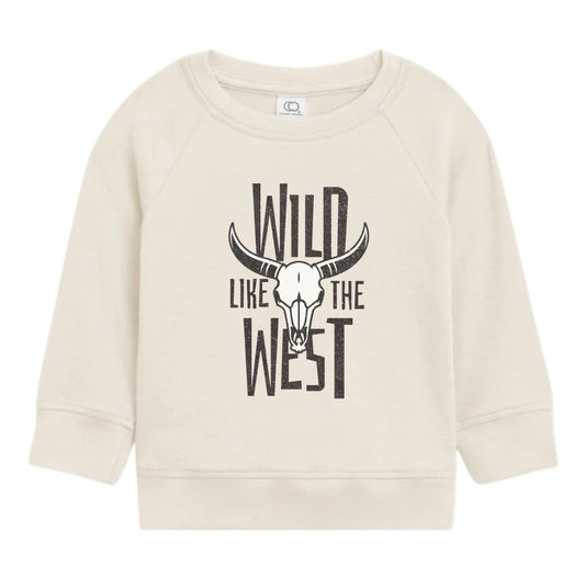 Cream organic cotton kids long sleeve sweatshirt with “Wild Like the West” text and steer skull graphic.