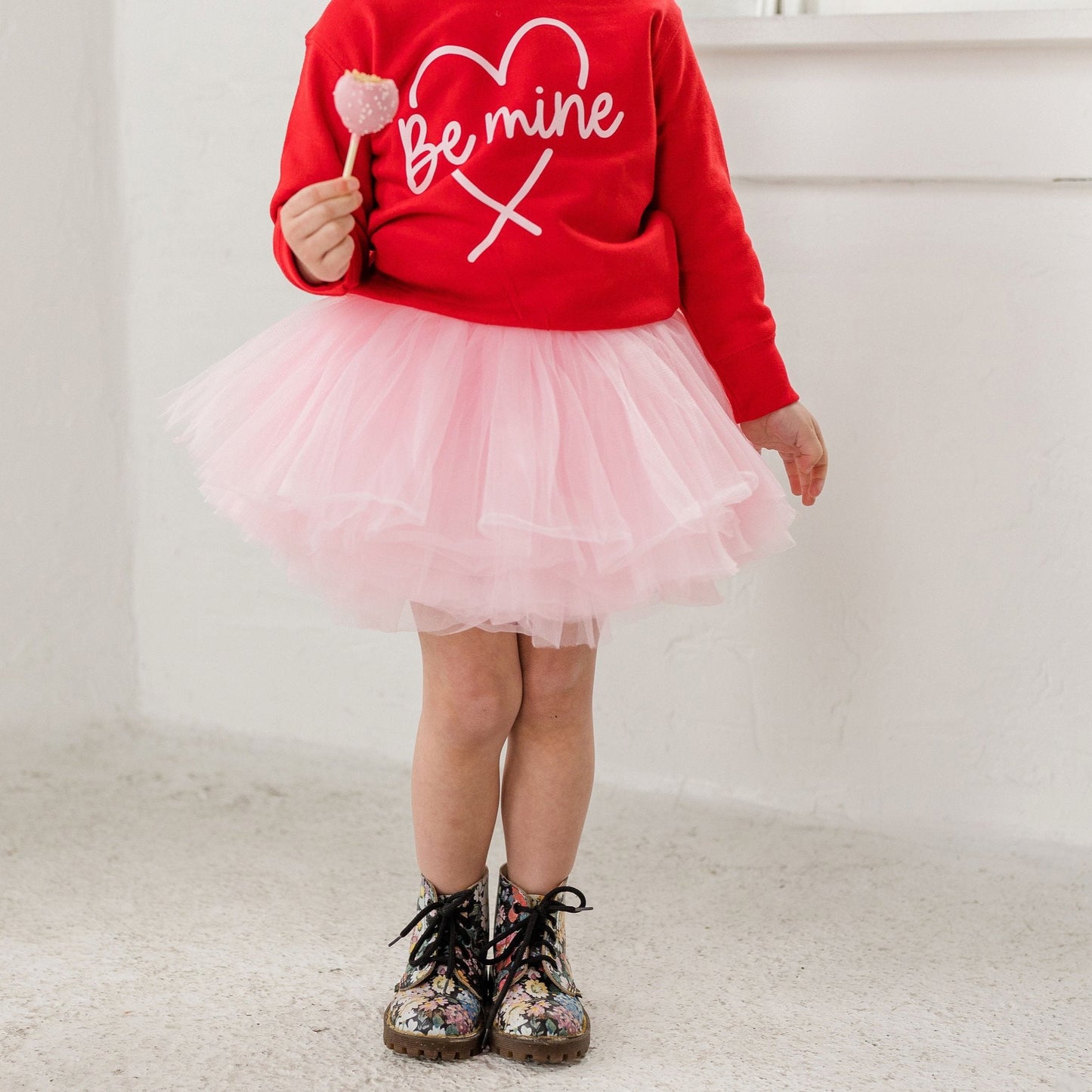 The perfect outfit is hard to come by but we have it! Our Red Crew Sweatshirt with light pink Be Mine print pairs perfectly with our popular Light Pink tutu! Wear together or as separates.  Your little one will be the talk of the town!