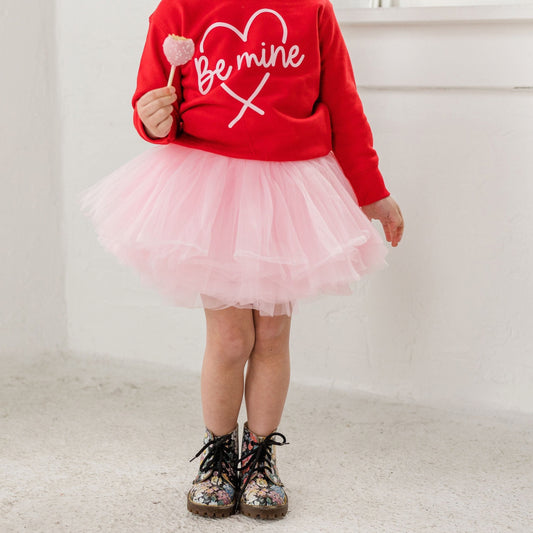 The perfect outfit is hard to come by but we have it! Our Red Crew Sweatshirt with light pink Be Mine print pairs perfectly with our popular Light Pink tutu! Wear together or as separates.  Your little one will be the talk of the town!