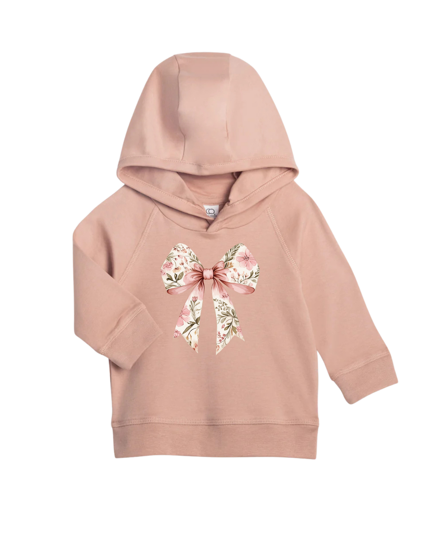 Pink hoodie with a floral bow design on a white background