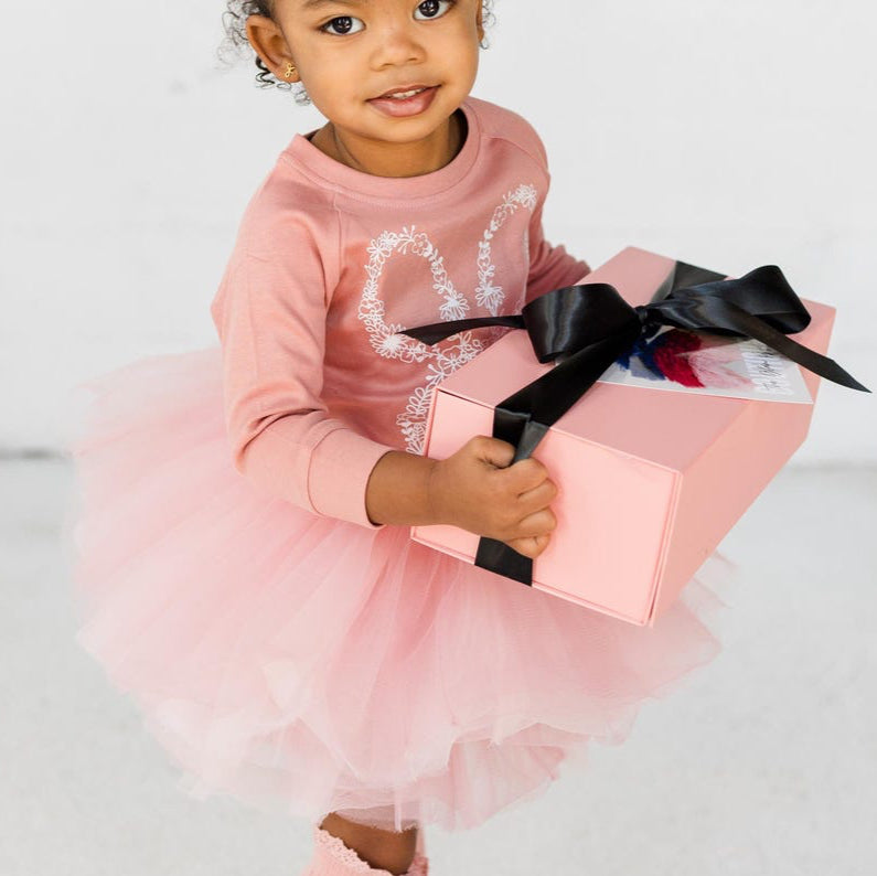 Our Ombre Mauve Pink Tutu paired with our floral bunny print on an organic cotton lightweight sweatshirt makes for a perfect addition to any little ones' wardrobe.  This charming outfit is perfect for birthdays, spring events, or wear for Easter. The rich shades of mauve pinks are perfect to wear to gather or separately.