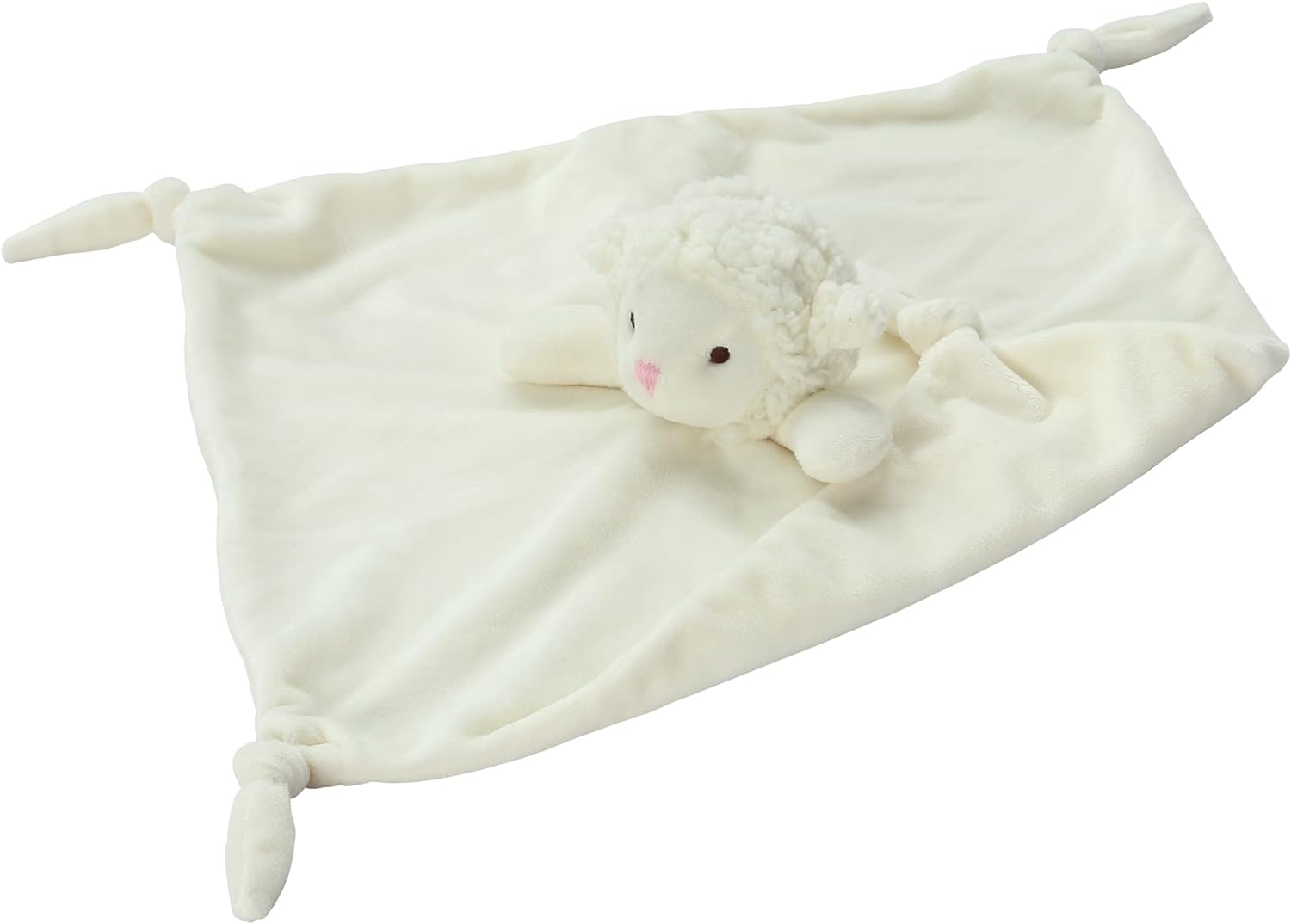 White plush blanket with a small plush toy inside on a white background
