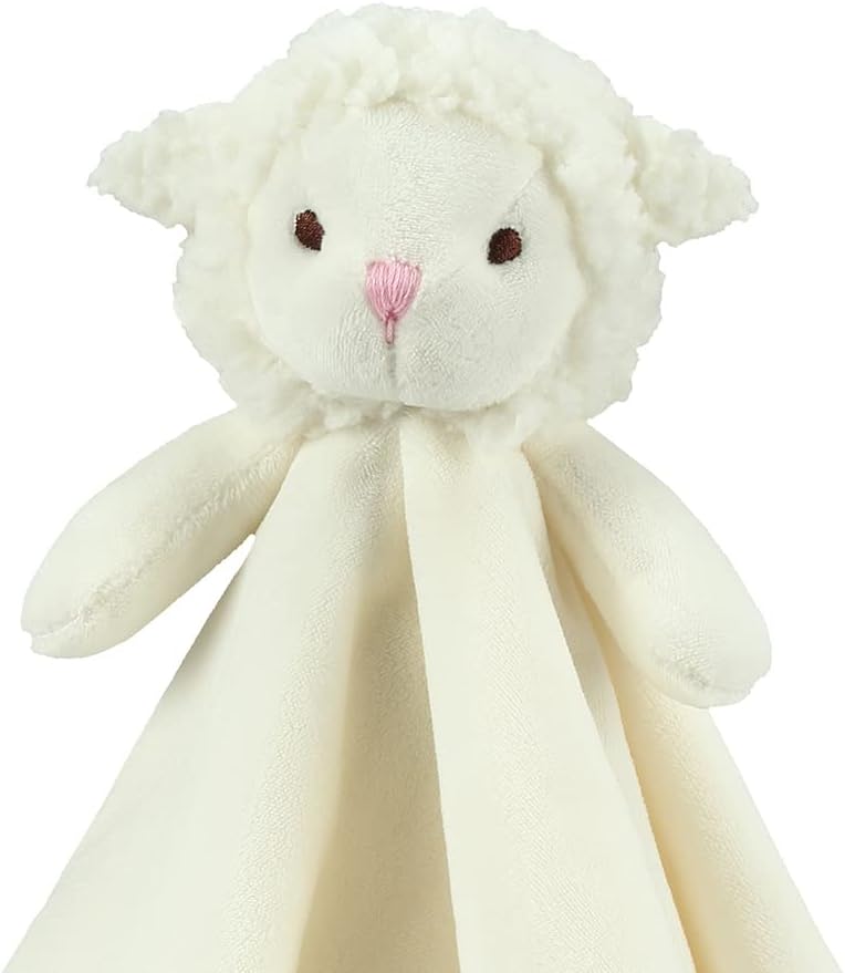 White plush lamb toy with a pink nose on a white background