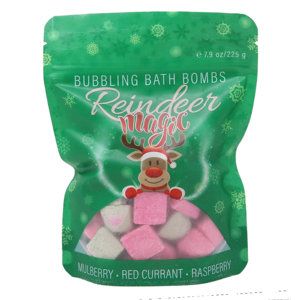 Green packaging of Reindeer Magic bubbling bath bombs with a reindeer illustration on a white background.