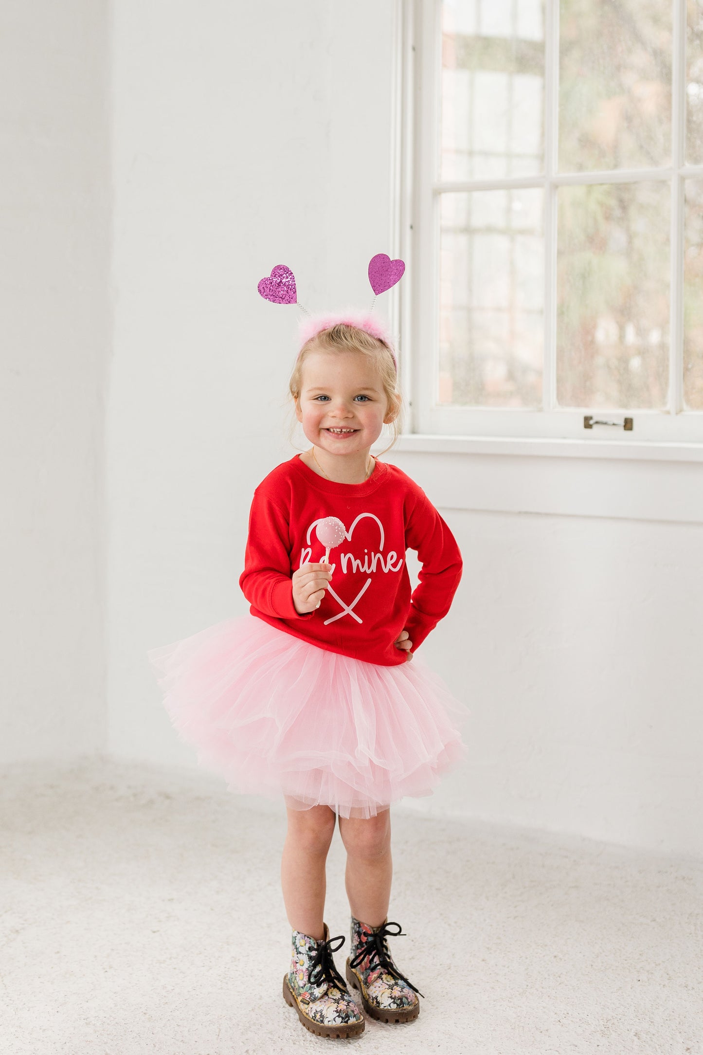 Be Mine Valentines Day Sweatshirt Paired with Our Popular Light Pink Tutu for Toddlers and Kids