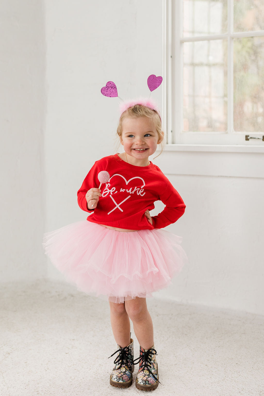 Valentines Be Mine Outfit, Poppin Pink tutu with Red crew neck sweatshirt with Pink Be Mine Heart