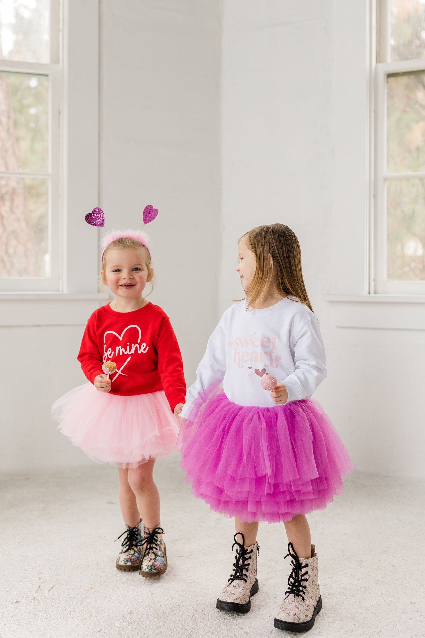 Be Mine Valentines Day Sweatshirt Paired with Our Popular Light Pink Tutu for Toddlers and Kids