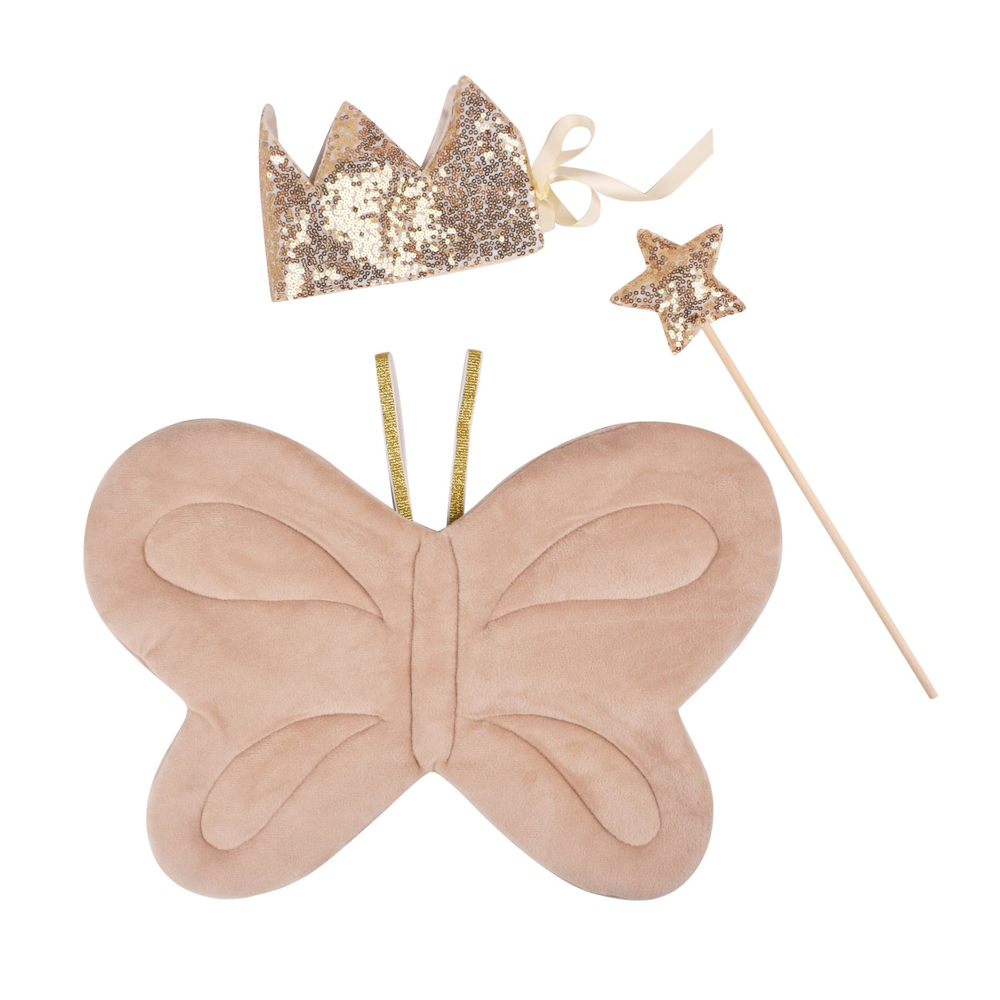 Butterfly costume wings, glittery crown, and wand on a white background