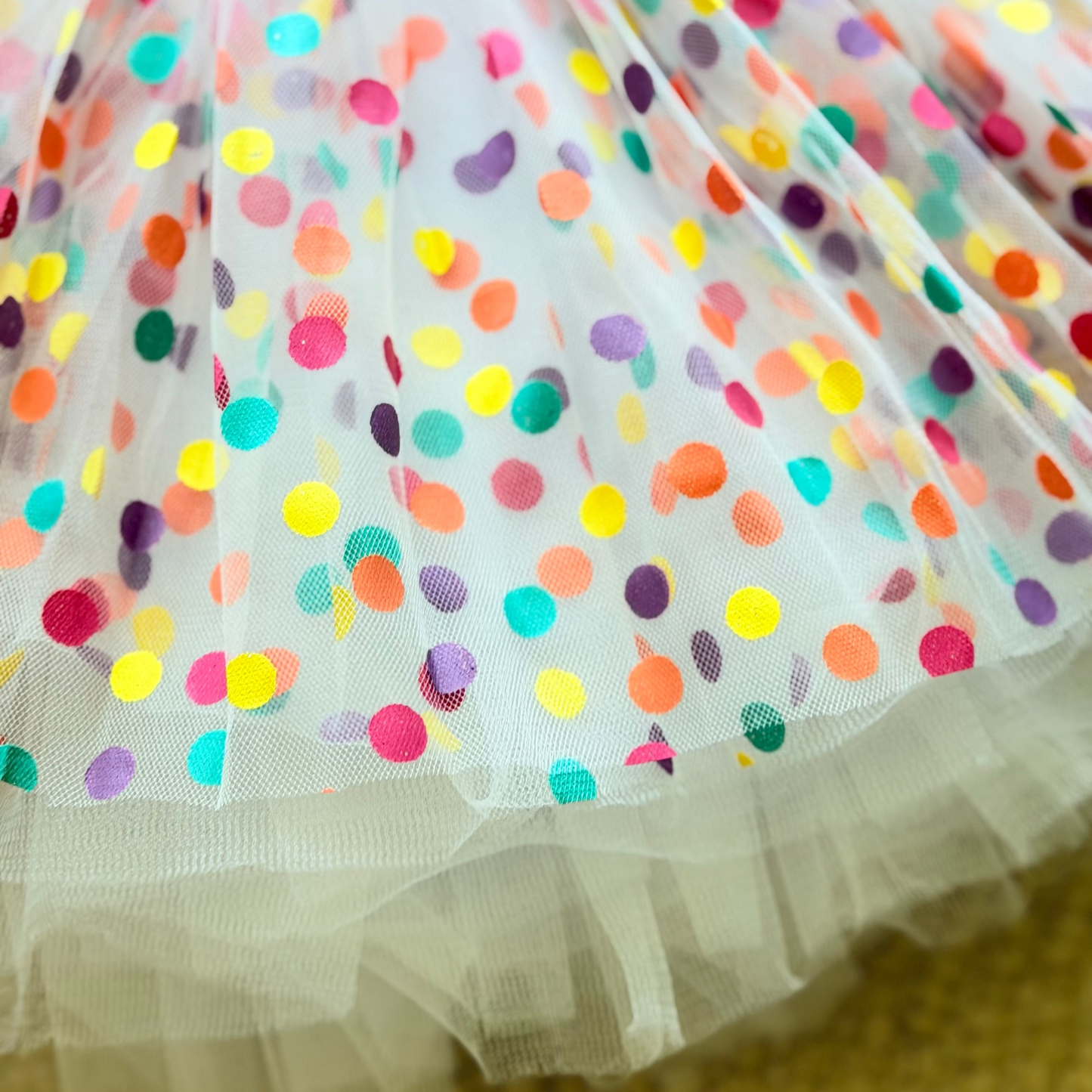 Close-up of a colorful polka dot fabric with a white background
