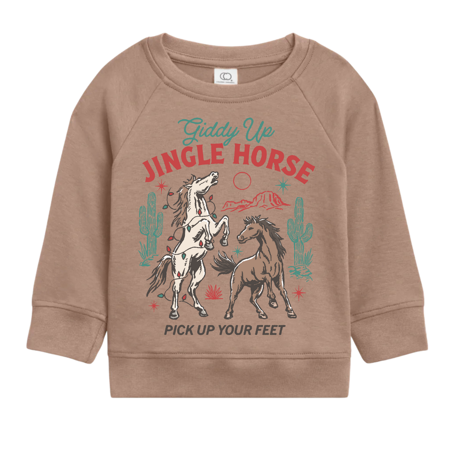 Brown sweatshirt with horse graphic and text on a white background
