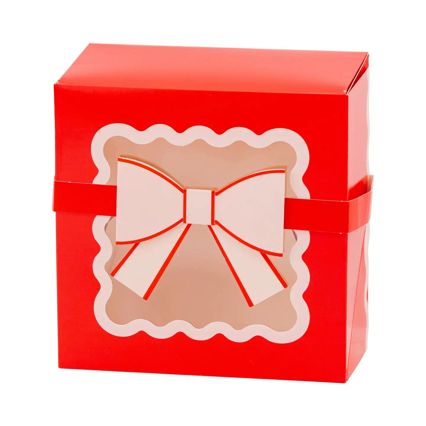 Red gift box with a window featuring a white bow design on a white background