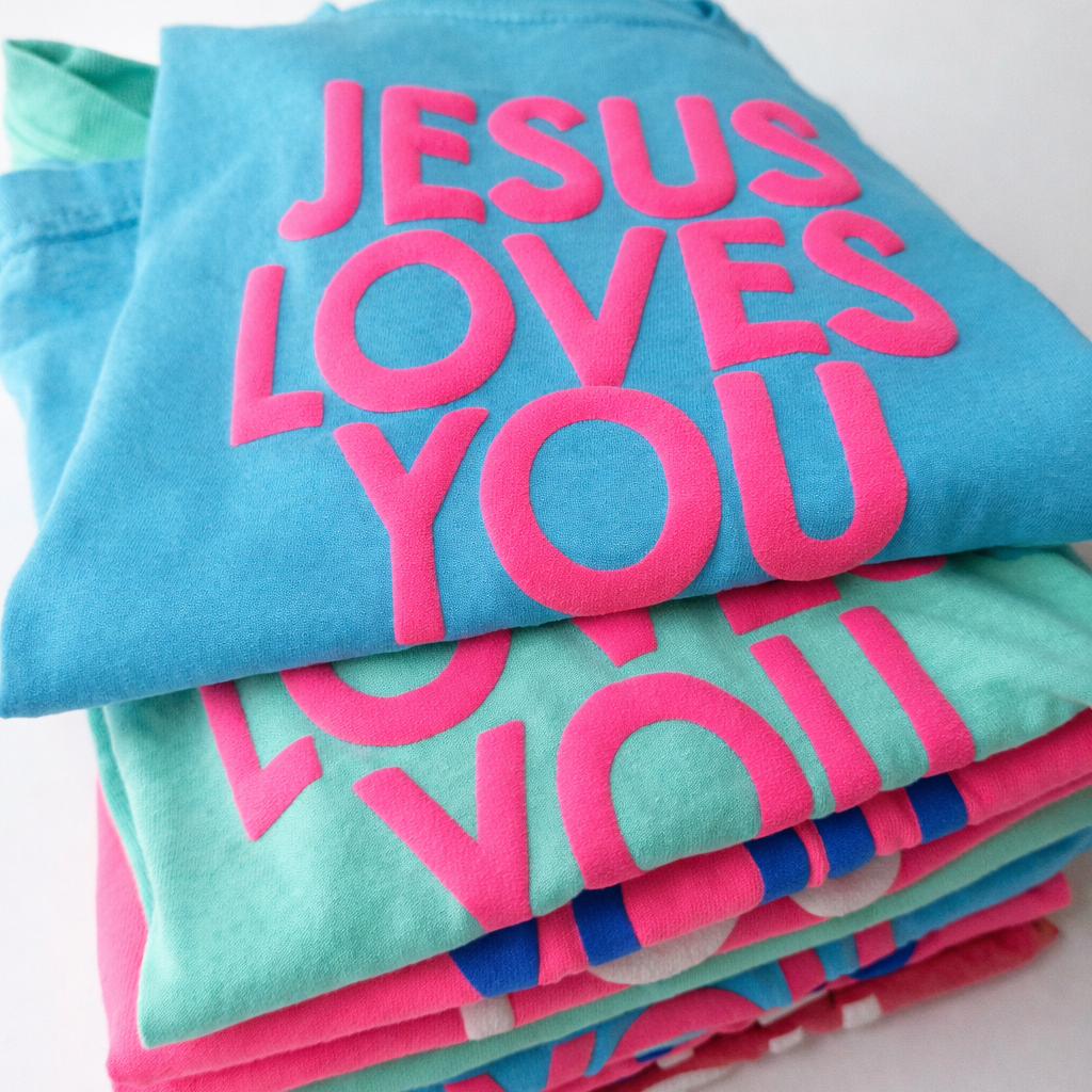 Stack of colorful t-shirts with 'Jesus Loves You' text on a white background