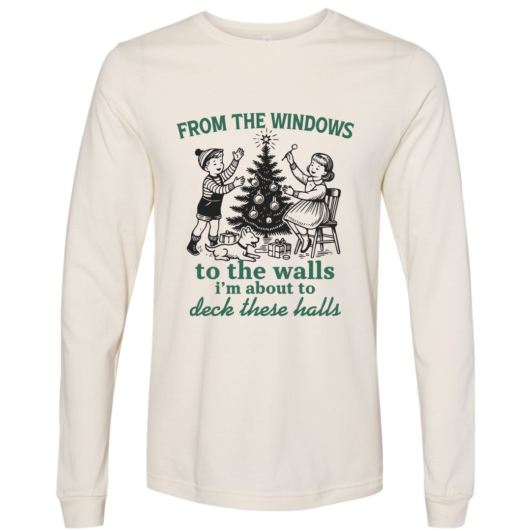 Long-sleeve shirt with Christmas-themed design and text on a white background