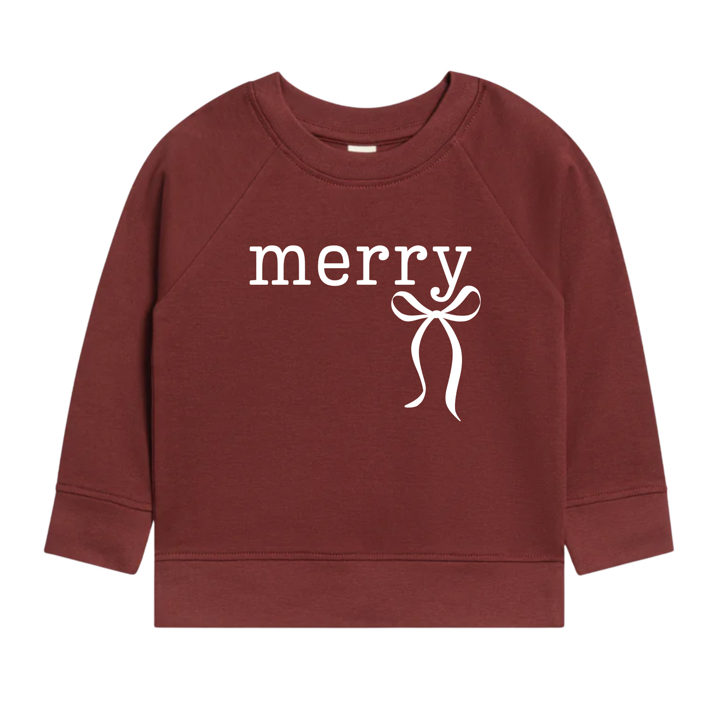 Maroon sweatshirt with 'merry' and a bow graphic on a white background