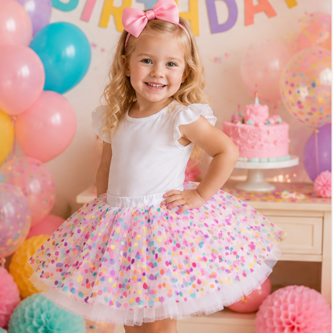 Young girl in a birthday outfit with balloons and cake in the background