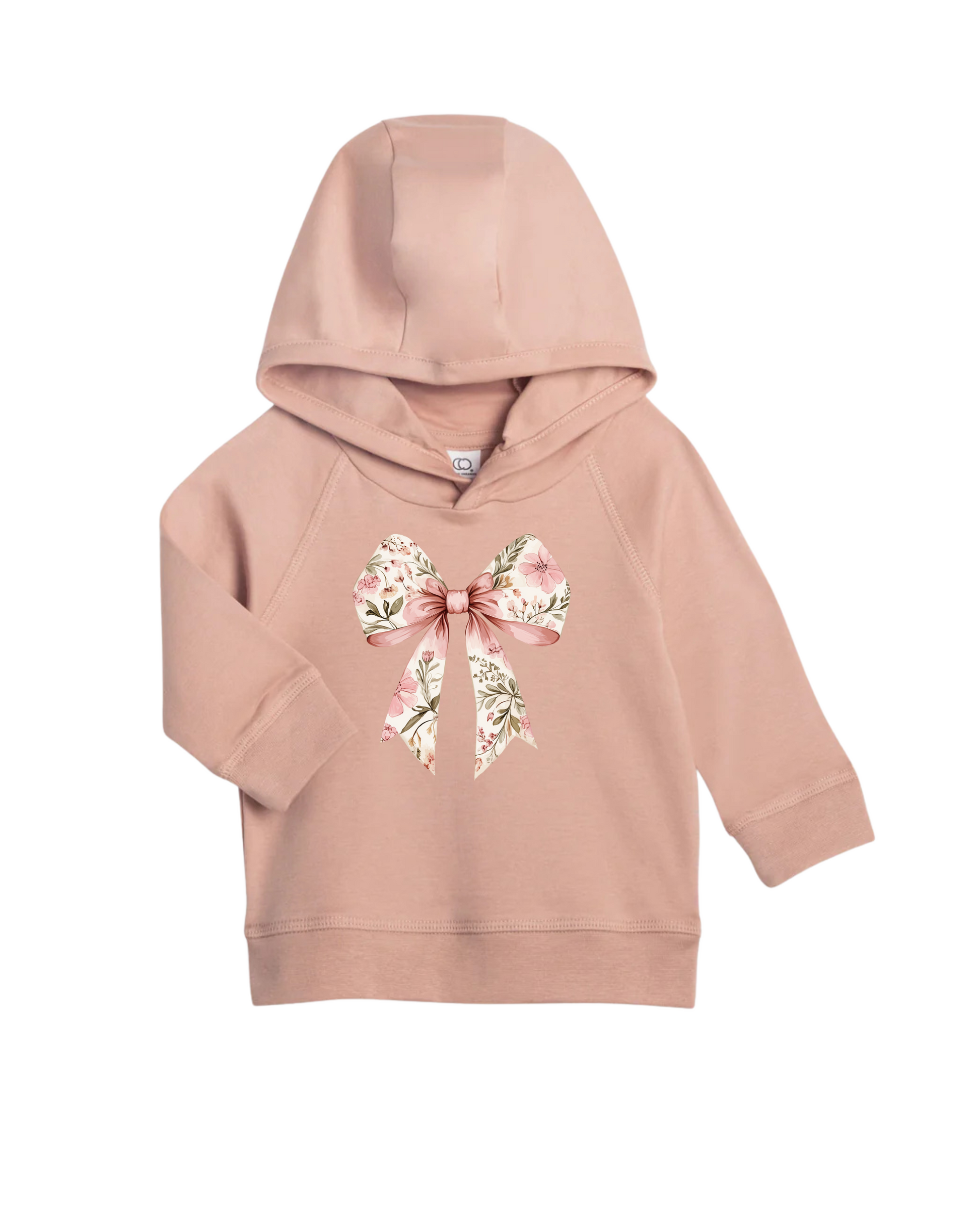 Pink hoodie with a floral bow design on a white background