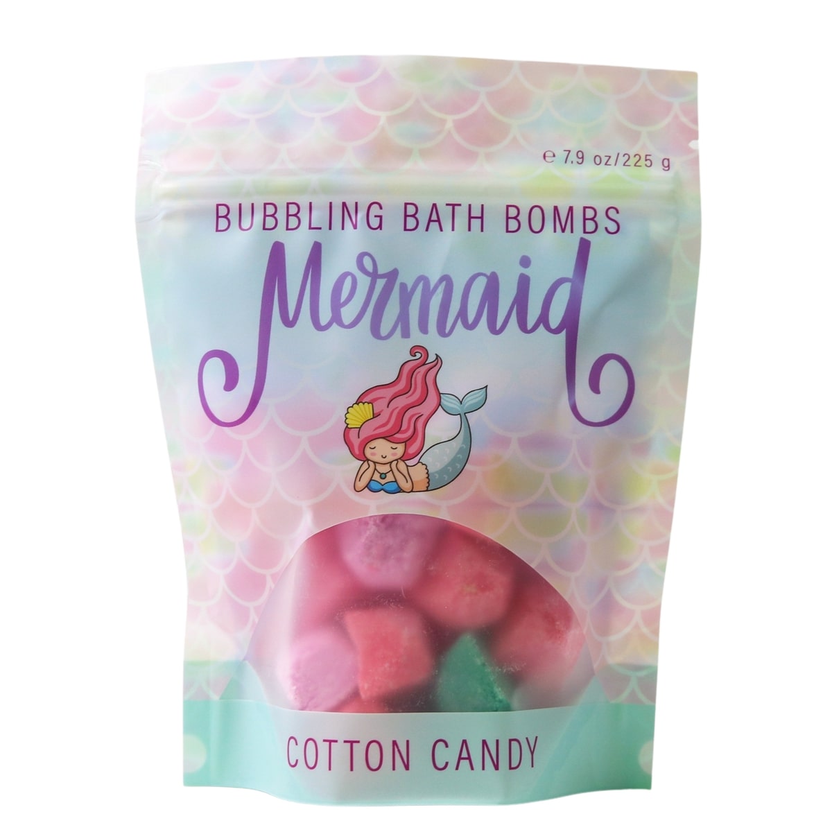 Mermaid-themed packaging of bubbling bath bombs with a mermaid illustration on a white background.