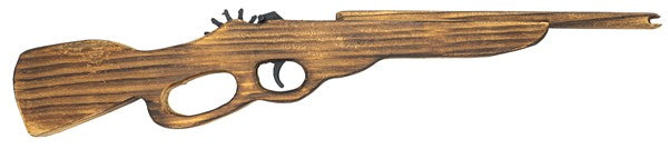 A wooden toy or replica rifle stock and barrel assembly with a textured grain pattern, isolated on a white background.